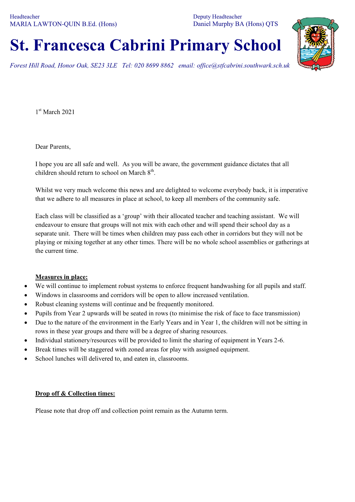HT Return to School Letter March 2021